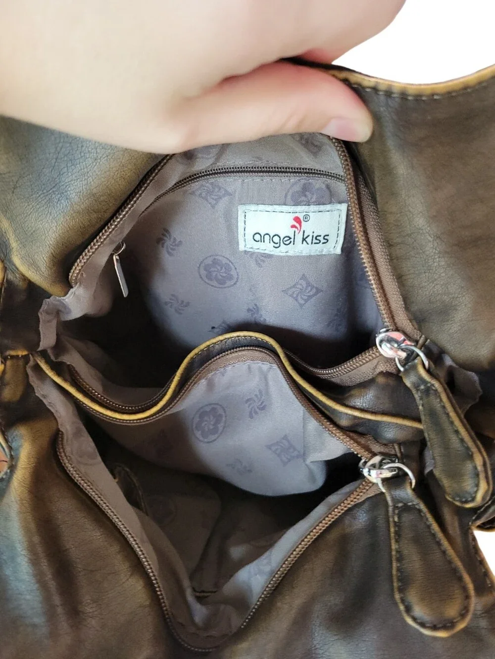Angel Kiss Brown Faux Leather Multi Pocket Shoulder Bag Purse